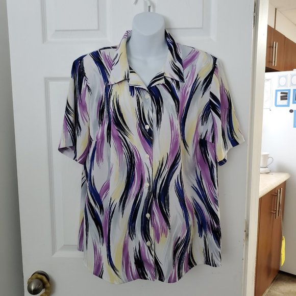 ALIA Black Purple White Blouse Size 16W 100% Polyester - Picture 1 of 3